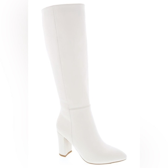 NWT!! POINTY FAUX LEATHER KNEE HIGH CHUNKY HEEL BOOT WHITE PU - Picture 4 of 4